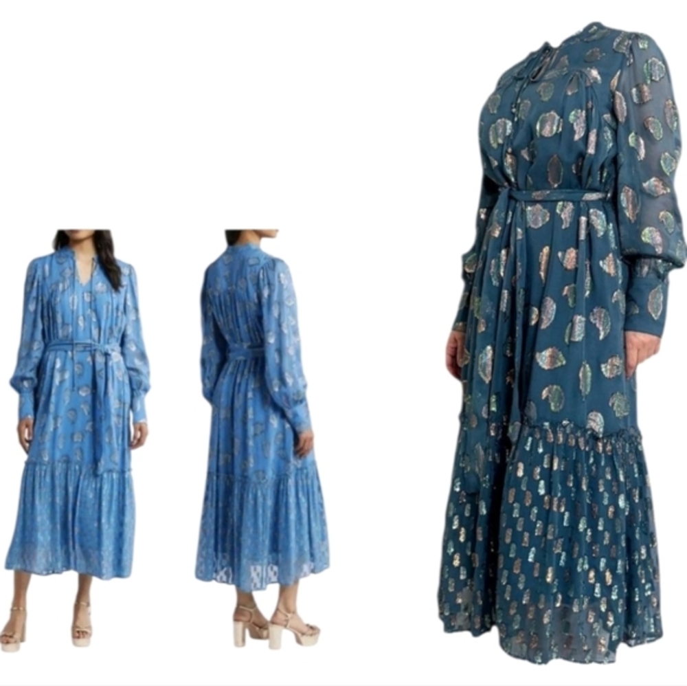 CIEBON Boho Metallic Leaf Print Tie Waist‎ Long Sleeve Maxi Dress Size Med New